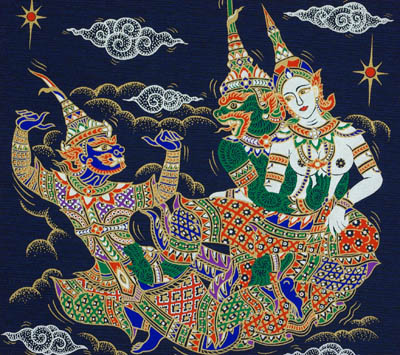 serigraphie du cambodge ramayana hanuman arrache sita des griffes de ravana